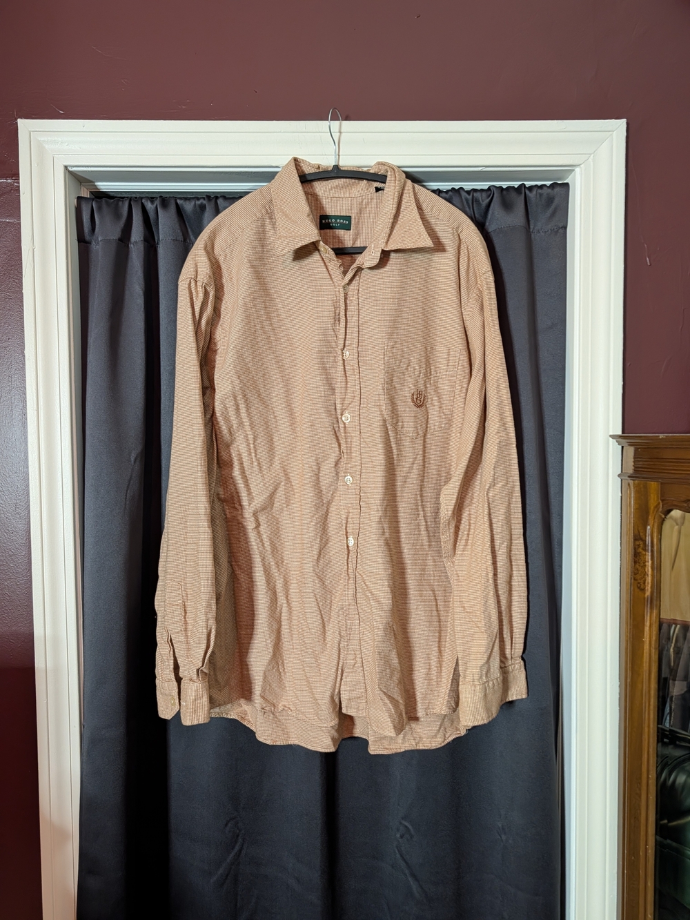 Hugo Boss VTG Flannel Switzerland Orange Houndstooth Golf Monogram Pocket Shirt